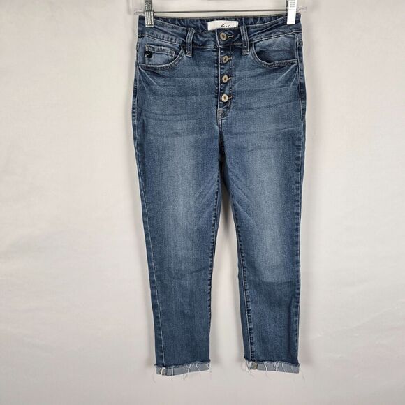 Kancan Jeans Women's 28 Blue Medium Wash Button Fly Rolled Raw Hem Cropped - Picture 1 of 16